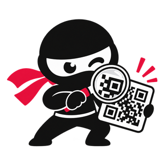 Mascotte ninja examinant un QR Code avec une loupe.