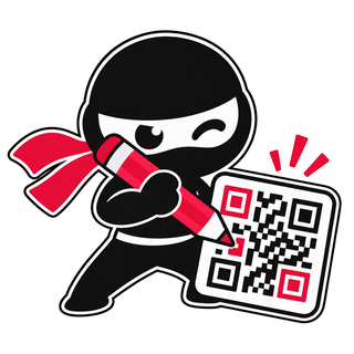 Mascotte ninja dessinant sur un QR Code avec un crayon.