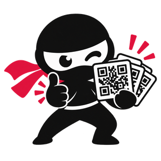 Mascotte ninja présentant plusieurs cartes avec des QR Codes.