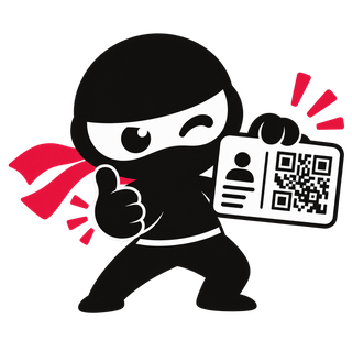 Mascotte ninja tenant une carte de visite avec un QR Code.