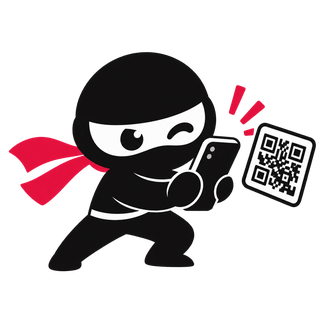 Mascotte ninja lisant un QR Code avec un smartphone.
